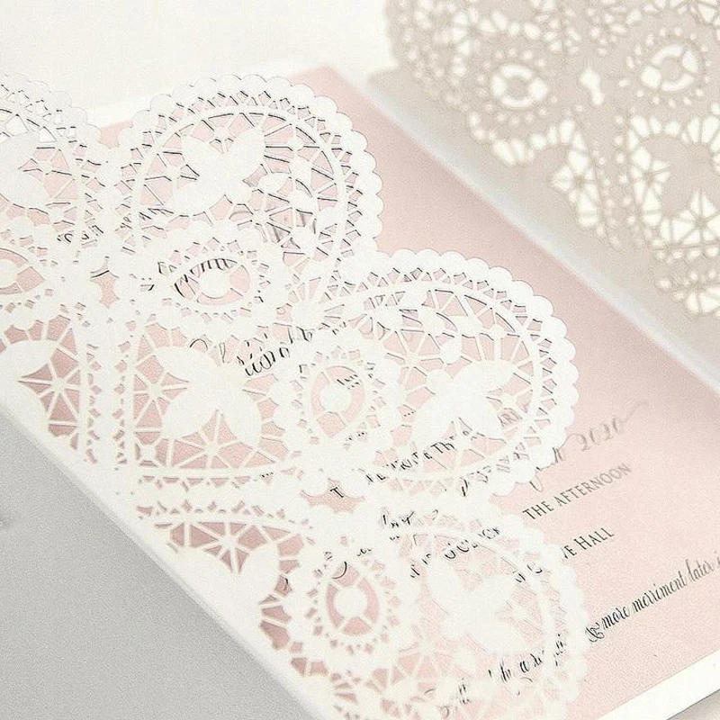 Description Picture 3 of item10 pieces White Lace Rose Gold Bowknot Wedding Invitation Card Laser Floral Pink Engagement Quinceanera Invitations IC134