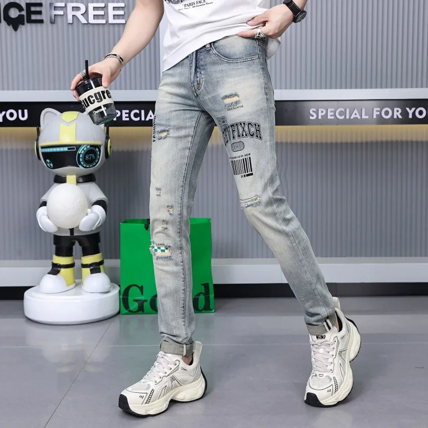 Description Picture 6 of itemRipped print jeans men's street fashion high-end fashion design leisure slim-fitting small straight stretch pants