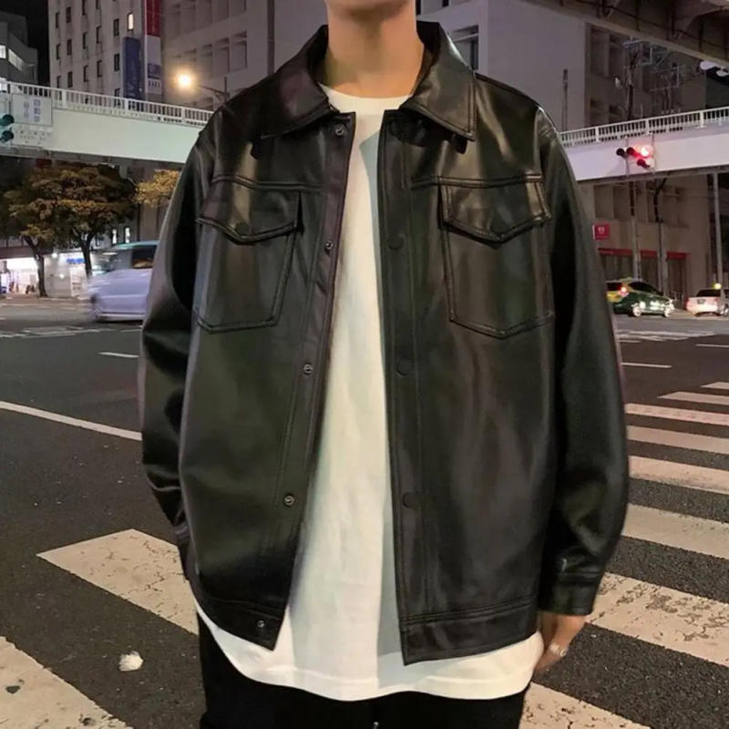 Description Picture 5 of itemSolid Color Men Jacket Stylish Men's Faux Leather Jacket with Turn-down Collar Button Closure Breast Pocket Spring/fall for Male