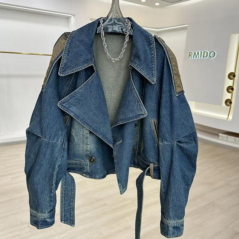 Description Picture 2 of itemStreetwear Denim Jackets for Women 2025 Ropa Mujer Patchwork Leather PU Casual Outwear Y2k Tops Harajuku Fashion Vintage Coats