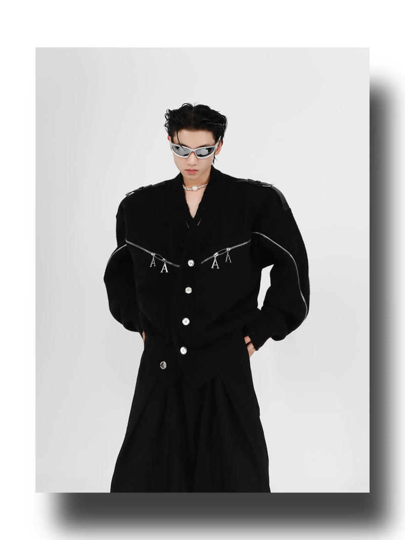 Description Picture 4 of itemHip Hop Zipper V-Neck Cardigan for Men Sweaters Autumn Y2K Loose Solid Single Breasted Metal Buckle Tops Mens Sweater Outwear