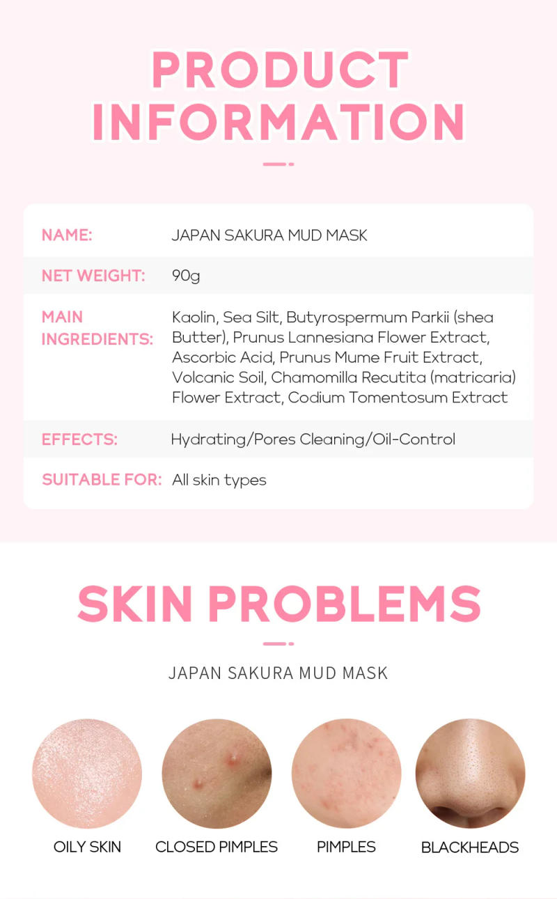 Description Picture 3 of itemLAIKOU Naturals Sakura Volcanic Mud Mask For Face Deep Cleaning Remove Blackheads Improve Roughness Facial Oily Skin Care 90g