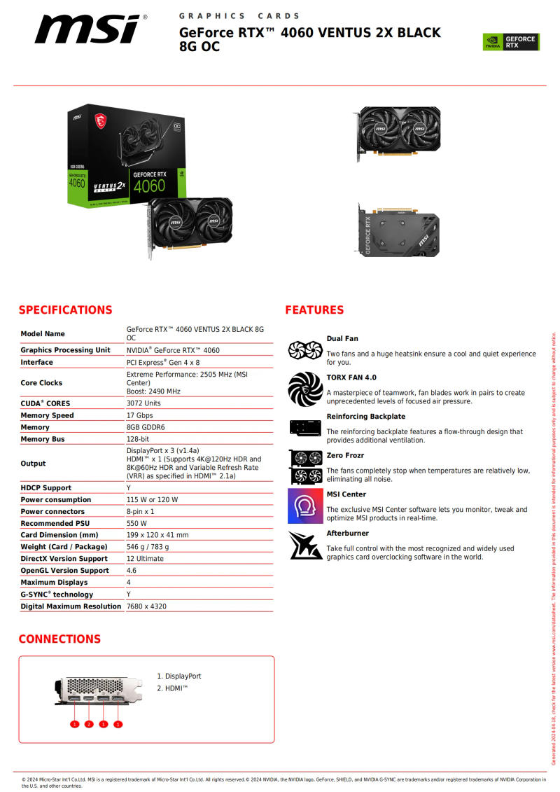 Description Picture 2 of itemOriginal Msi GeForce RTX 4060 VENTUS 2X BLACK 8G OC Computer Graphics Card 550W Esports Game Dual Fan Graphics Card