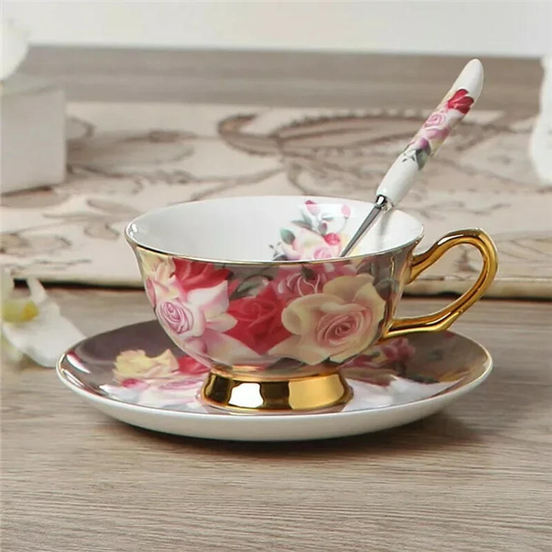 Description Picture 6 of itemRoyal Bone China Coffee Cup Set of 6 Pieces with Spoon and Metal Rack European Tea Ceramic Teaware Floral Pattern Drinkware