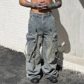 Niche Designers Wear High Street Vibe Distressed Washed Straight Multi-Pocket Jeans Loose Men and Women Hip-Hop Fashion