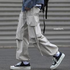 Men's Loose Straight Multi-pockets Ribbons Cargo Pants Black Gray