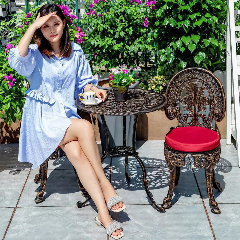 Description Picture 2 of item3Pcs Set Outdoor Courtyard 1 Table and 2 Chairs with Mats Balcony Garden Retro Metal Terrace Roof Leisure Small Tea Table Chair