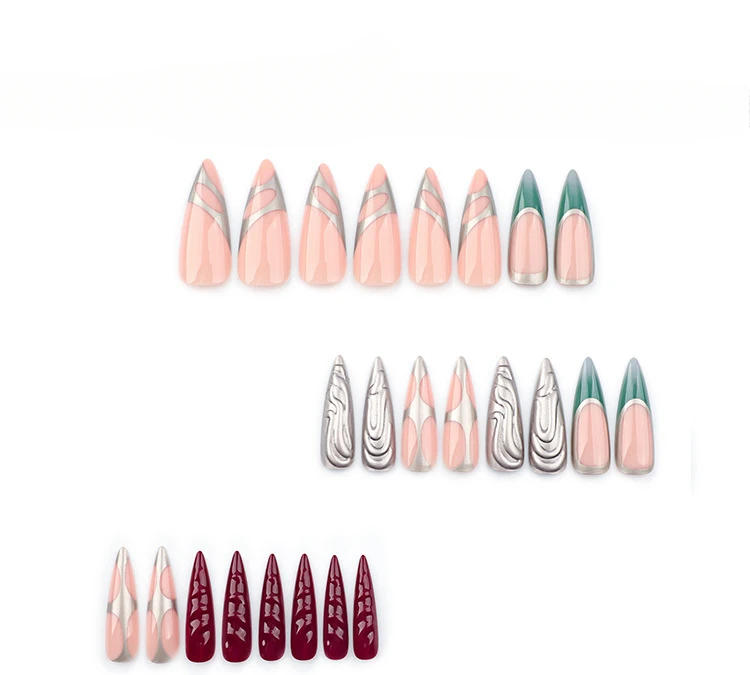 Description Picture 3 of item24Pcs Long Y2K Almond False Nails with Glue 3D Punk Nail Tips Art Metal Cool French Full Cover Press on Nails Set for Girl Daily