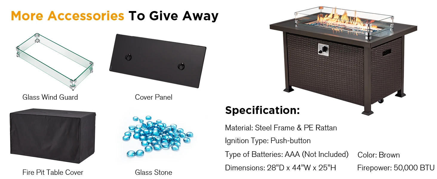 Description Picture 4 of itemHOMREST 44in Outdoor Propane Gas Fire Pit Table, 50,000 BTU Auto-Ignition Gas Firepit with Glass Wind Guard, Black Tempered