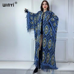 WINYI Winter Women Fringed cardigan print abaya dubai luxury Coat Loose OverCoat Thick Warm Female outerwears long down dress