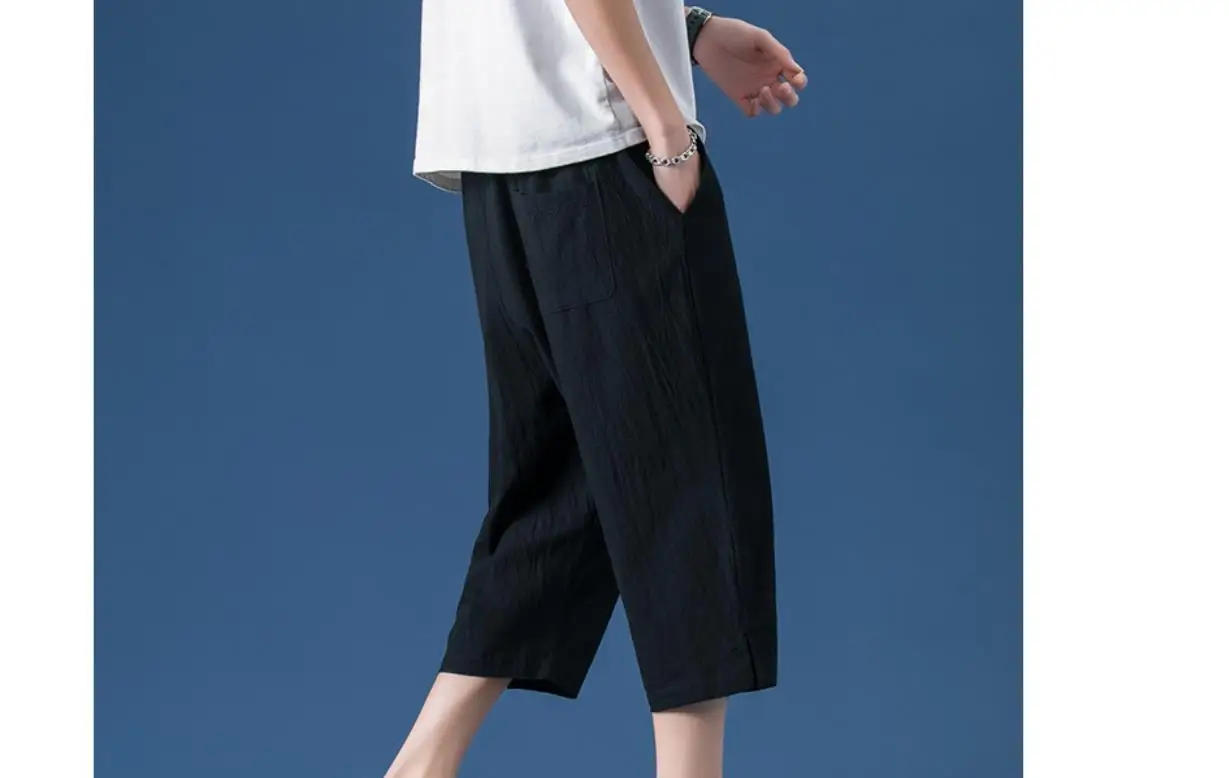 Description Picture 6 of itemSummer Vintage Men's Cropped Wide-leg Pants Chinese Style Solid Casual Cotton Linen Shorts Men Loose Straight Trouser Sweatpants