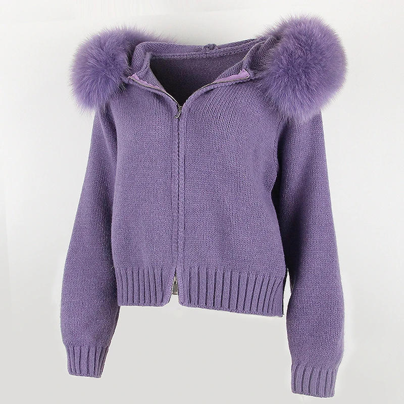 Description Picture 4 of itemOFTBUY 2023 New Fashion Autumn Winter Casual Hooded Real Fox Fur Collar Short Knitted Jacket with Natural Warm Coat for Women