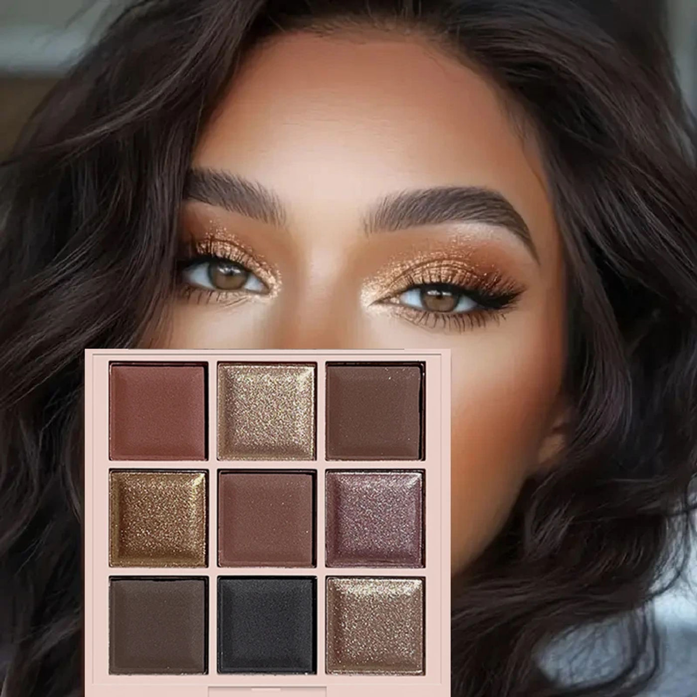 Description Picture 2 of item9-color eyeshadow palette, coffee brown & nude metallic tones, matte glitter & metallic finish, smoky makeup, party & stage