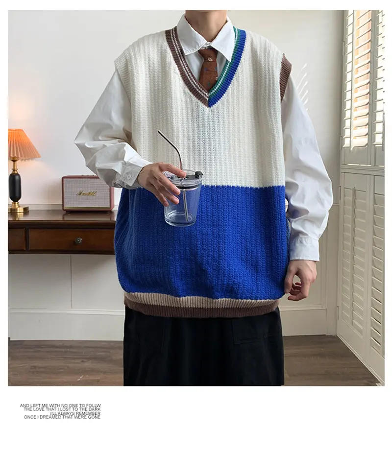 Description Picture 3 of itemJapanese Style Color-blocked V-neck Knitted Vests Men's Loose Casual High Street Personality Sleeveless Sweaters Male Clothes