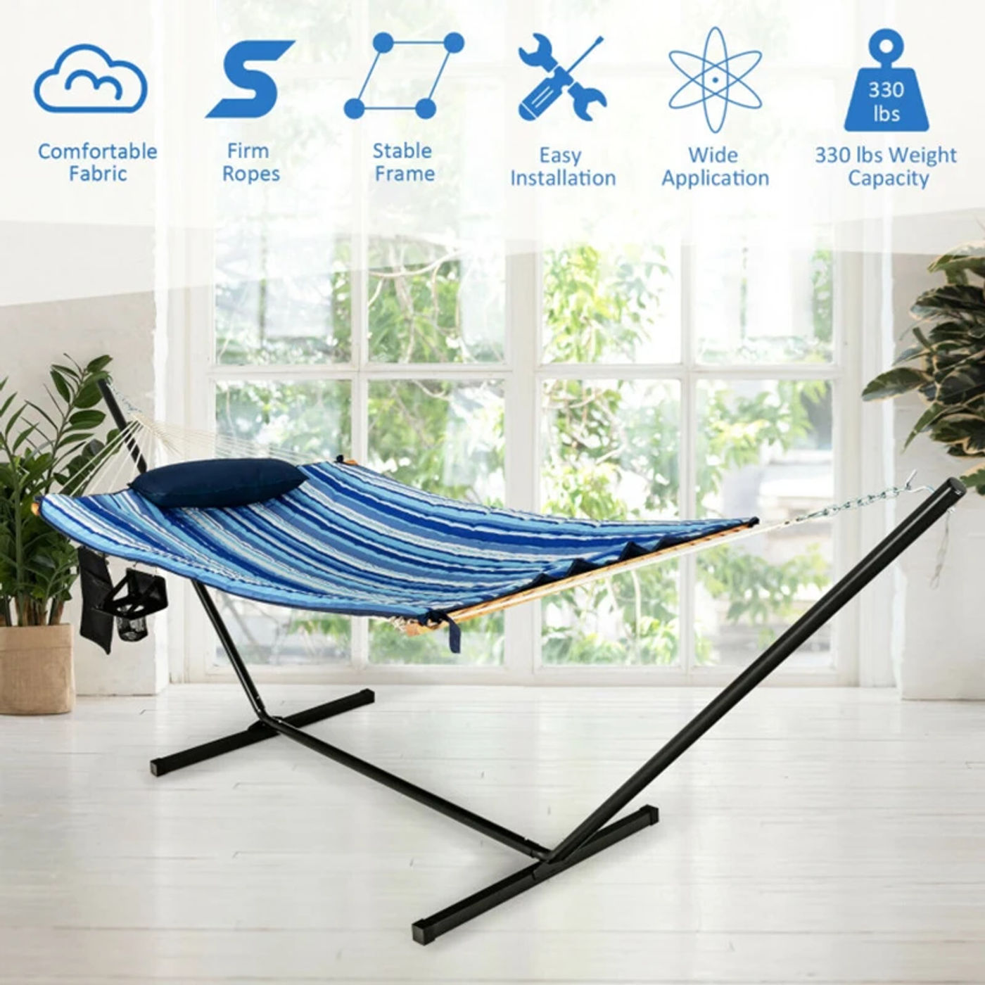 Description Picture 3 of itemHammock Chair Stand Set Cotton Swing with Pillow Cup Holder Indoor Outdoor Hammocks