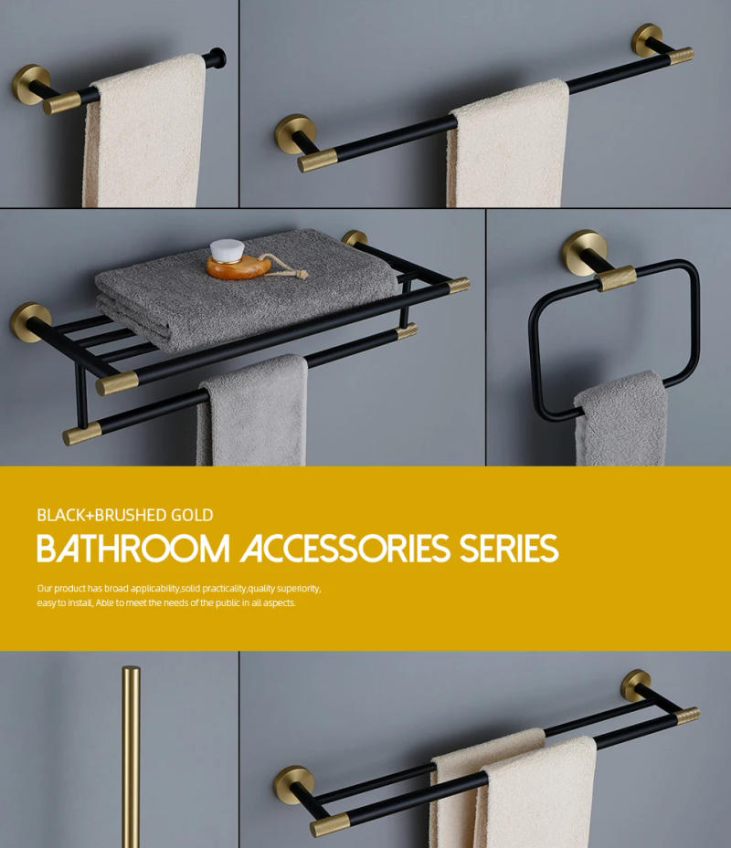 Description Picture 3 of itemTowel rack Wall Mounted Towel Rack Brushed Gold Paper Holder& Matte Black Hook Knurled and Combined Colors Toilet Brush Holder