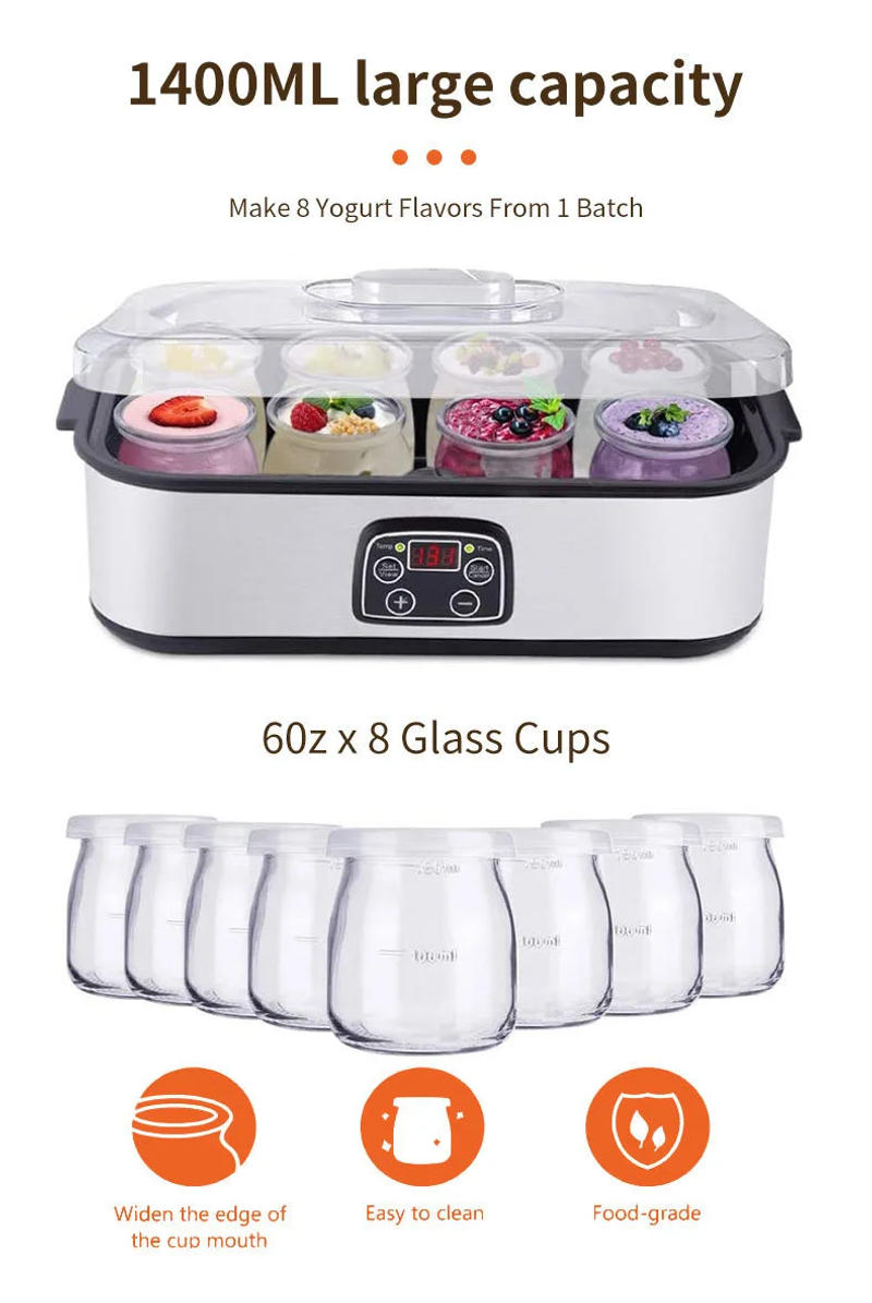 Description Picture 5 of item110V/220V Automatic Yogurt Maker Adjustable Temperature Time Yogurt Maker Professional Ice Cream Pudding Maker with 8 Yogurt Jar