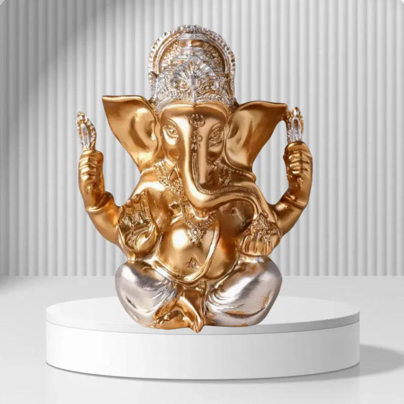 Description Picture 3 of itemIndian Ganesha Statue - Gold Plated Resin Elephant God Idol with Lotus, Hindu Buddhist Home Decor, Religious Art Sculpture