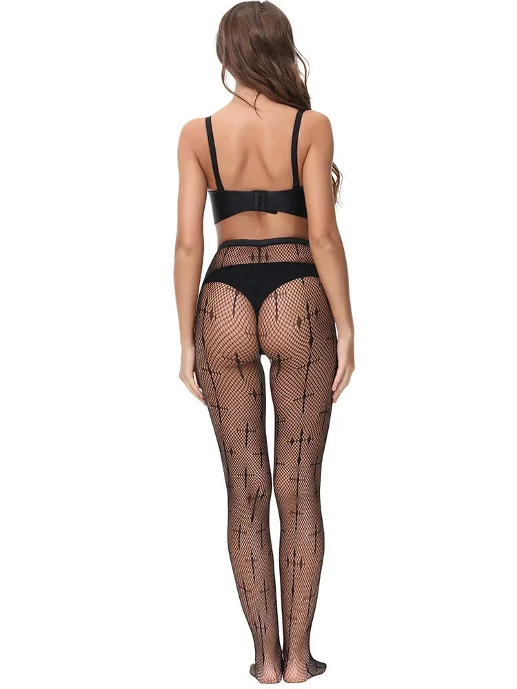 Description Picture 3 of itemWomen Hollow Out Tights Sexy Lace Mesh Fishnet Stockings Girls Lingerie Hosiery Hot White Black Cross Thigh High Long Pantyhose