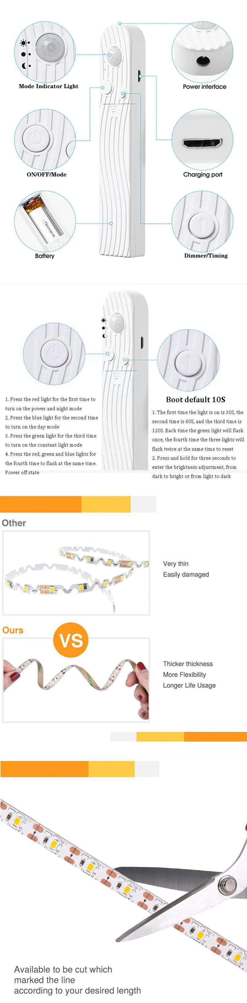 Description Picture 4 of itemLED Under Cabinet Lights PIR Motion Sensor Dimmable Light Strip Wireless Waterproof USB Rechargeable Lamp for Wardrobe Stairway