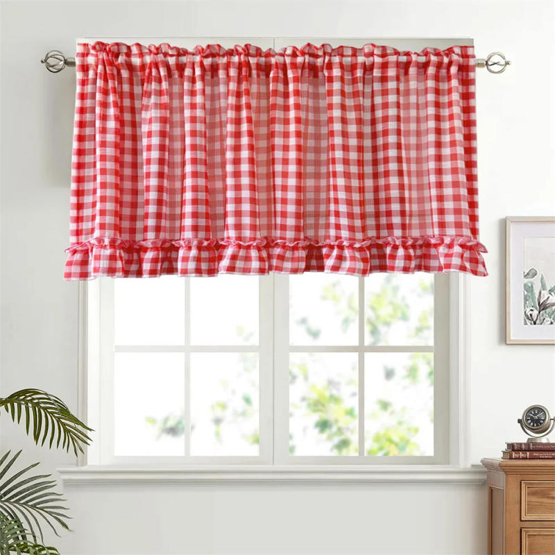 Description Picture 5 of itemClassic Red Plaid Ruffle Short Cafe Curtains for Kitchen Bedroom Sheer Voile Valance Small Window Drapes Rod Pocket