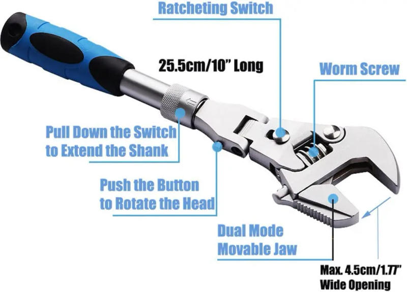 Description Picture 3 of item7 / 10 Inch Ratchet Adjustable Wrench 5-in-1 Torque Wrench Can Rotate And Fold 180 Degrees Fast Wrench Pipe Wrench Repair Tool
