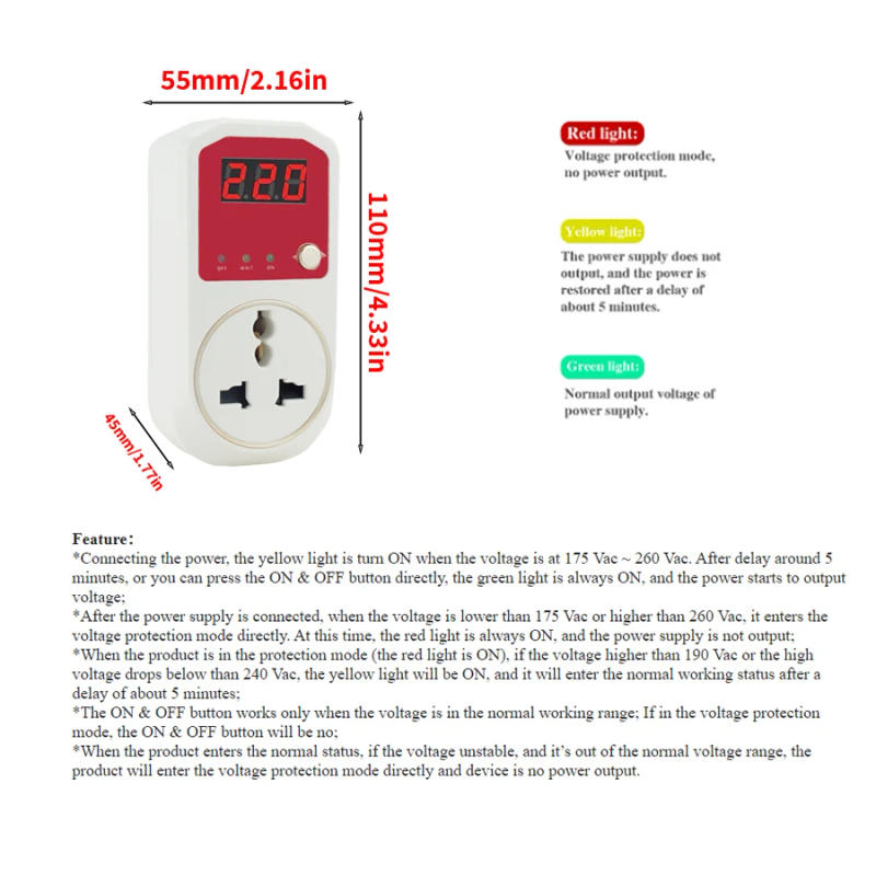 Description Picture 6 of itemAutomatic voltage protector socket AC100-240V 13A power surge protector UK Plug socket voltage safe refrigerator protection 220V