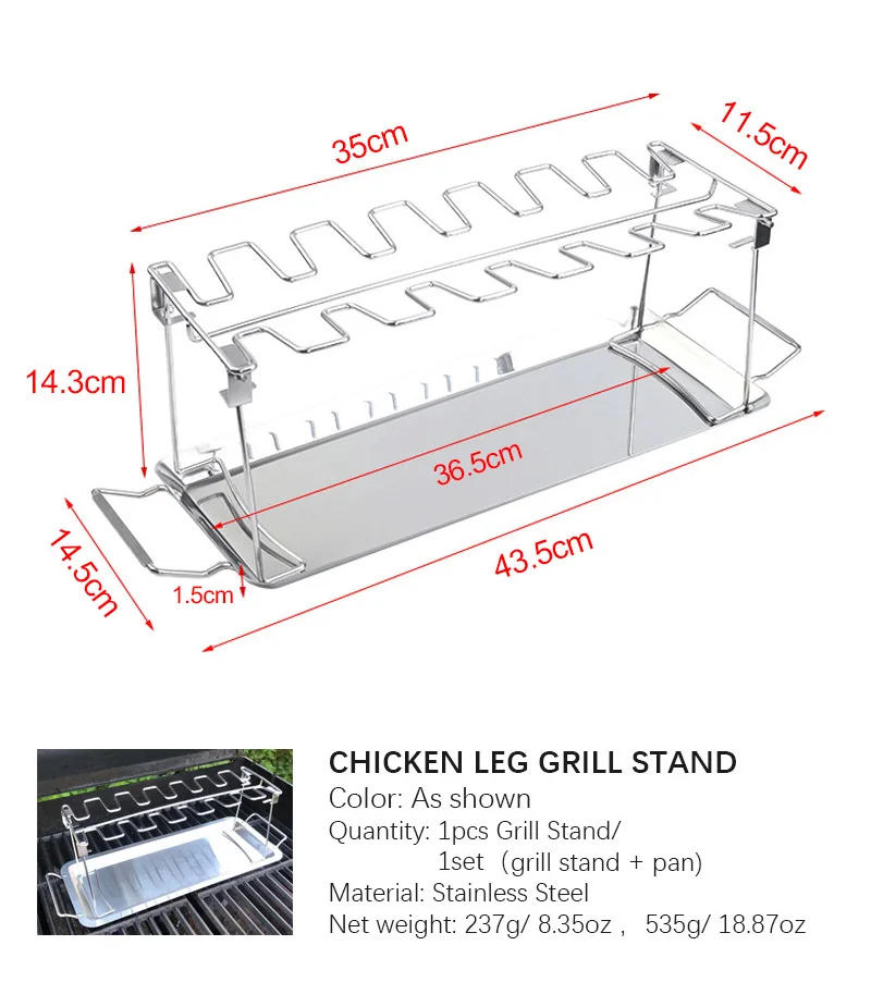 Description Picture 4 of itemBBQ Beef Chicken Leg Wing Grill Rack 14 Slots Stainless Steel Barbecue Drumsticks Holder Oven Roaster Stand with Drip Pan Tools