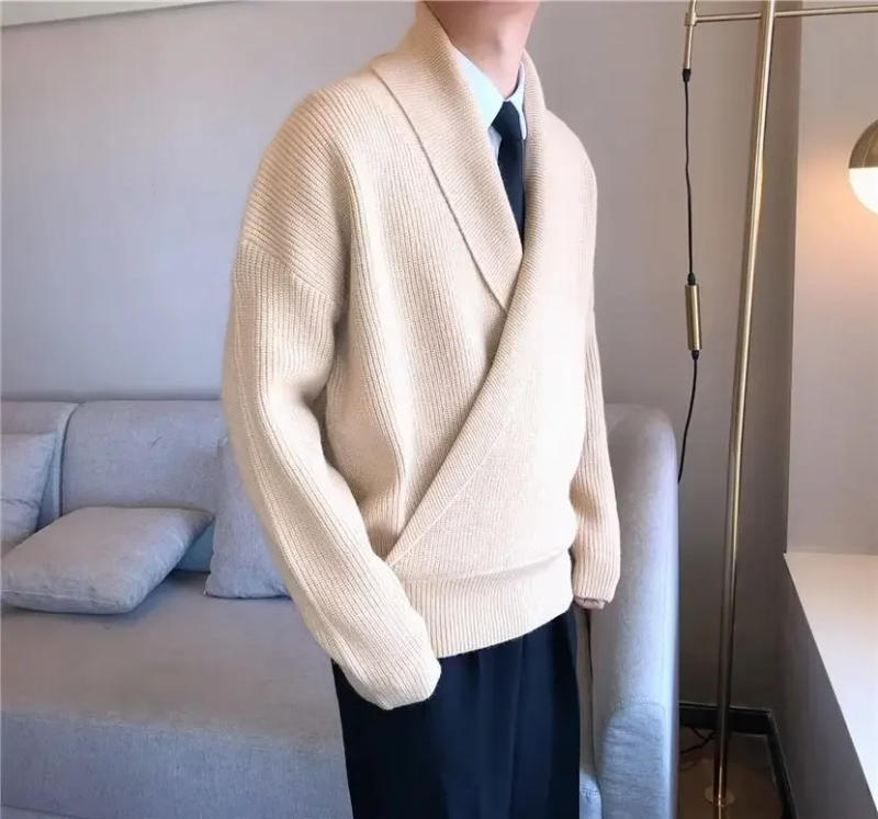 Description Picture 2 of itemSpring Autumn Style Solid Color V-neck Sweater For Men Trendy Leisure Idle Style Casual Knitted Top Jacket