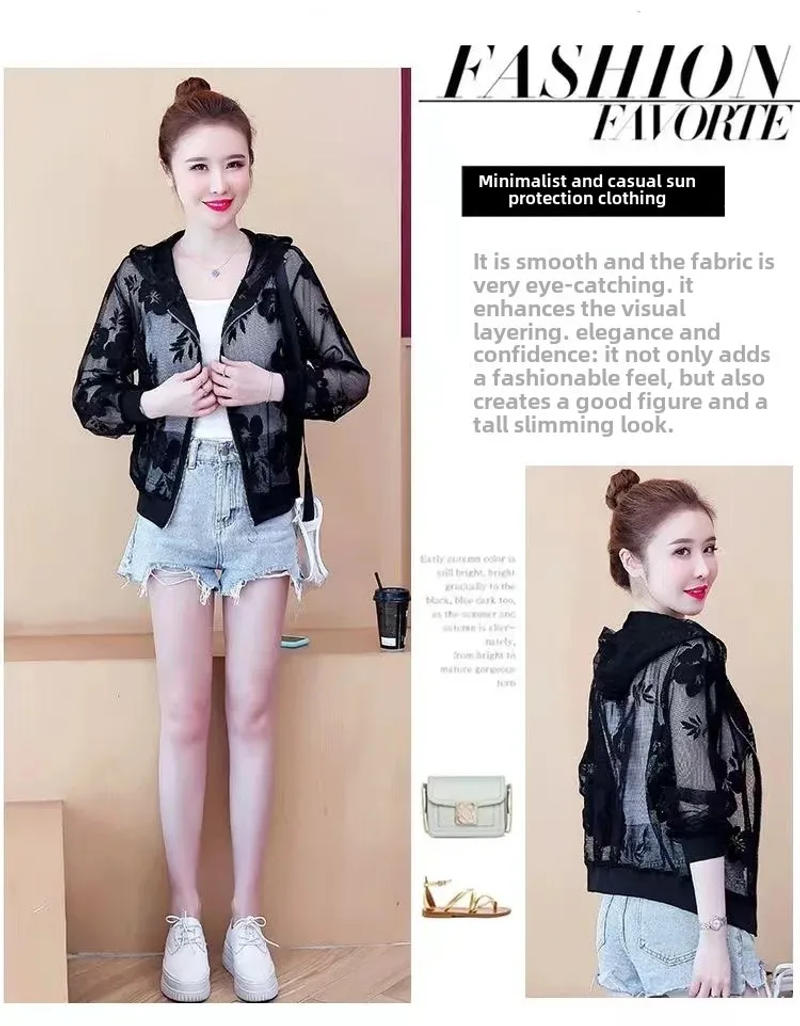 Description Picture 4 of itemSummer Slimming Lace Thin See-through Design Large Size Zipper Open Cardigan Hooded Short Length Sun Protection Women's Jacket