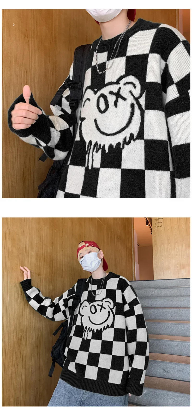 Description Picture 6 of itemMen's Plaid Round Neck Sweater Loose-fit Versatile Knitted Top Unique Casual Pullover For Autumn/winter Season Trendy Knitwear