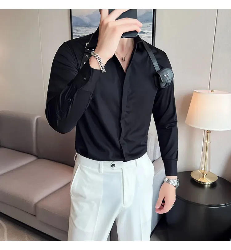 Description Picture 3 of itemMen Pleat Shirt With Bowtie Men Tuxedo Shirt Black White Stylish Shirts For Men Wedding Party Club Party Slim Fit Shirt Men