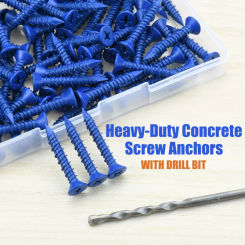 3/16" or 1/4" Concrete Screw Anchor Blue Flat Head Screws for Masonry Brick Block Cement Stucco (Boxed with Drill Bit)