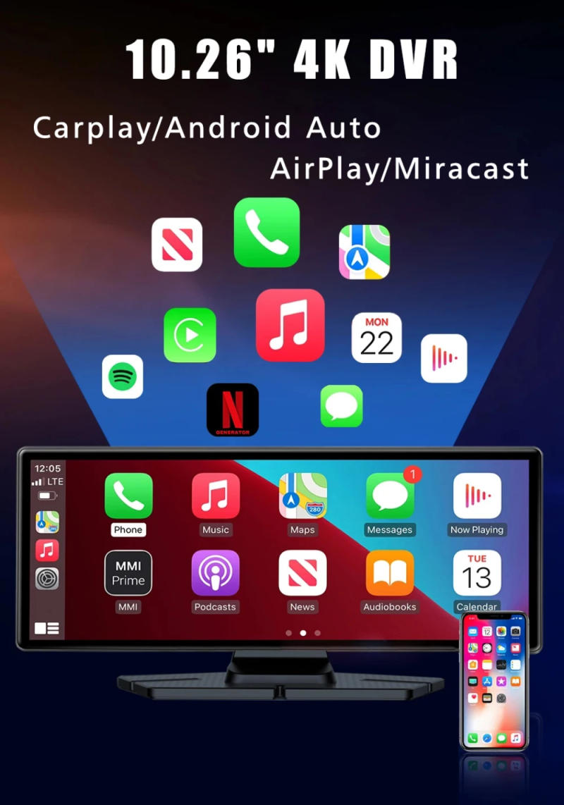 Description Picture 3 of itemDash Cam 4K 2160P 10.26" Carplay & Android Auto Car DVR Video Drive Recorder Stream Dahscam Camera 5G Wifi GPS FM 360 ° Rotation