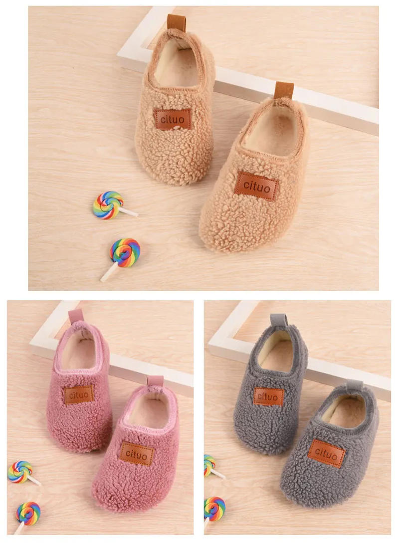 Description Picture 3 of itemChildren Cotton Slippers Solid Warm Kids Winter Home Shoes Boys Girls Plush Floor Shoes Indoor Soft Sole Anti-slip Cotton Shoes