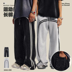 Men's youth trend sports casual pants washed batik webbing zipper trousers wide-leg sweatpants cotton straight-leg pants lace-up