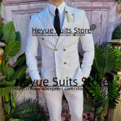 White Double-breasted Stripe Men Suits Slim Fit Peak Lapel Groom Formal Tuxedos Tailor Made 2 PCS Sets terno masculinos completo