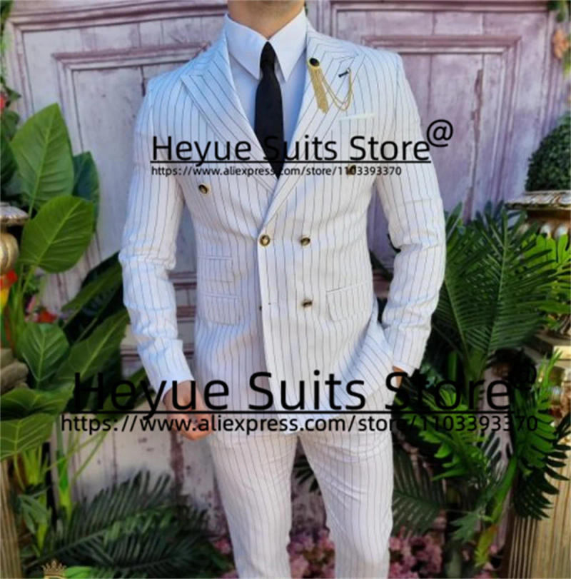 Description Picture 3 of itemWhite Double-breasted Stripe Men Suits Slim Fit Peak Lapel Groom Formal Tuxedos Tailor Made 2 PCS Sets terno masculinos completo
