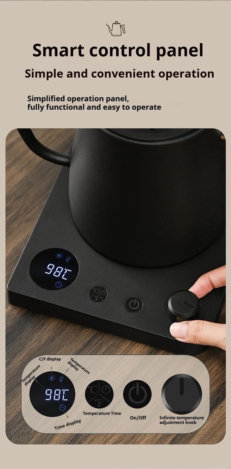 Description Picture 3 of item1000ML Smart Temperature Control Electric Kettle - Auto Shut-Off & Boil-Dry Protection - Stainless Steel Pour-Over Coffee &