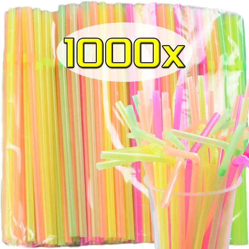 Description Picture 2 of item1000/100PCS Fluorescent Plastic Straws Multicolor Disposable Bendable Drinking Straw for Milk Cola Tea Cocktail Party Supplies