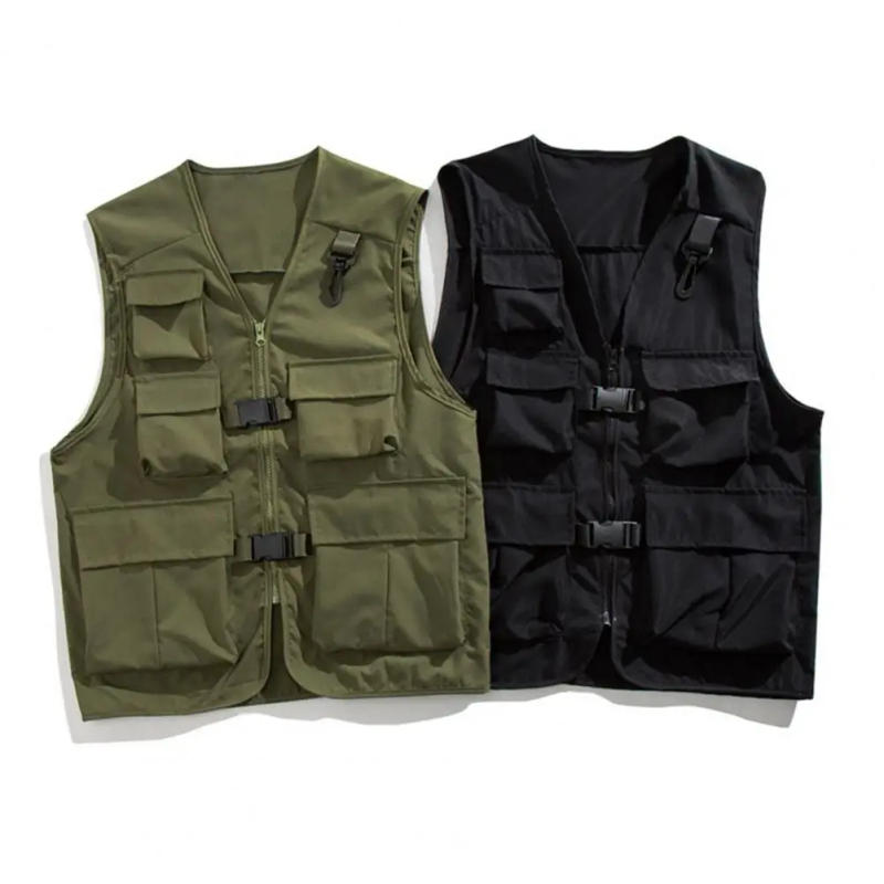 Description Picture 2 of itemMen Casual Vest Coat V-neck Sleeveless Cargo Vest Multi Pockets Solid Color Zipper Buckle Placket Waistcoat Outerwear Men