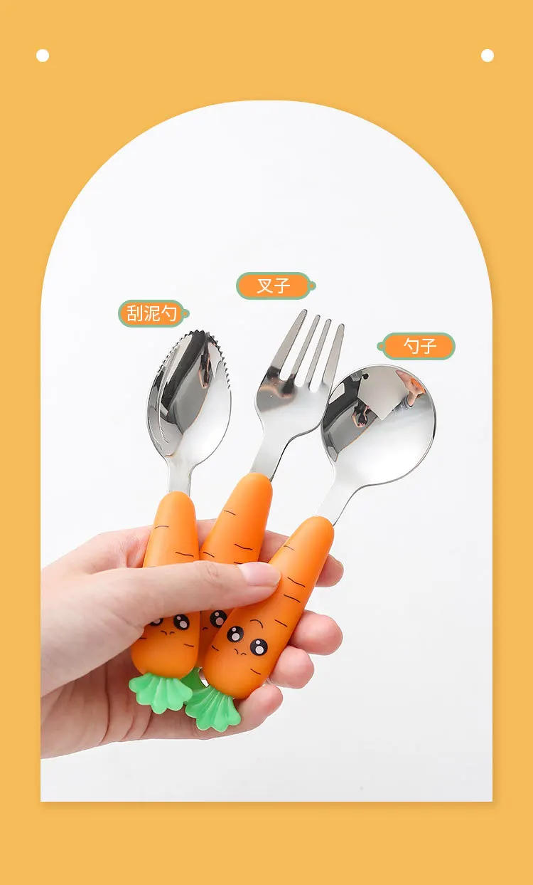 Description Picture 5 of itemNew Carrots Set Children Kids Dinnerware Stainless Steel Spoon Fork Flatware with Box Baby Feeding Kitchen Tableware Supplies