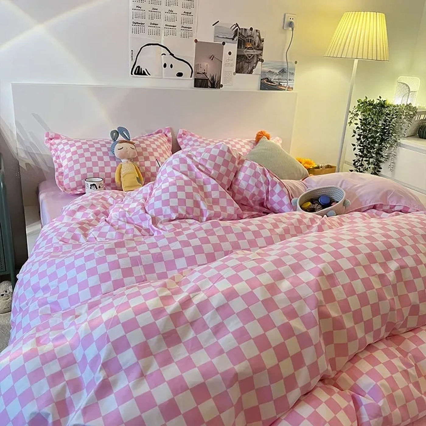Description Picture 3 of itemNordic Pink Checkerboard Duvet Cover Sets With Pillowcases Flat Sheet Kids Girls Boys Full Queen Twin Size Kawaii Bedding Kit