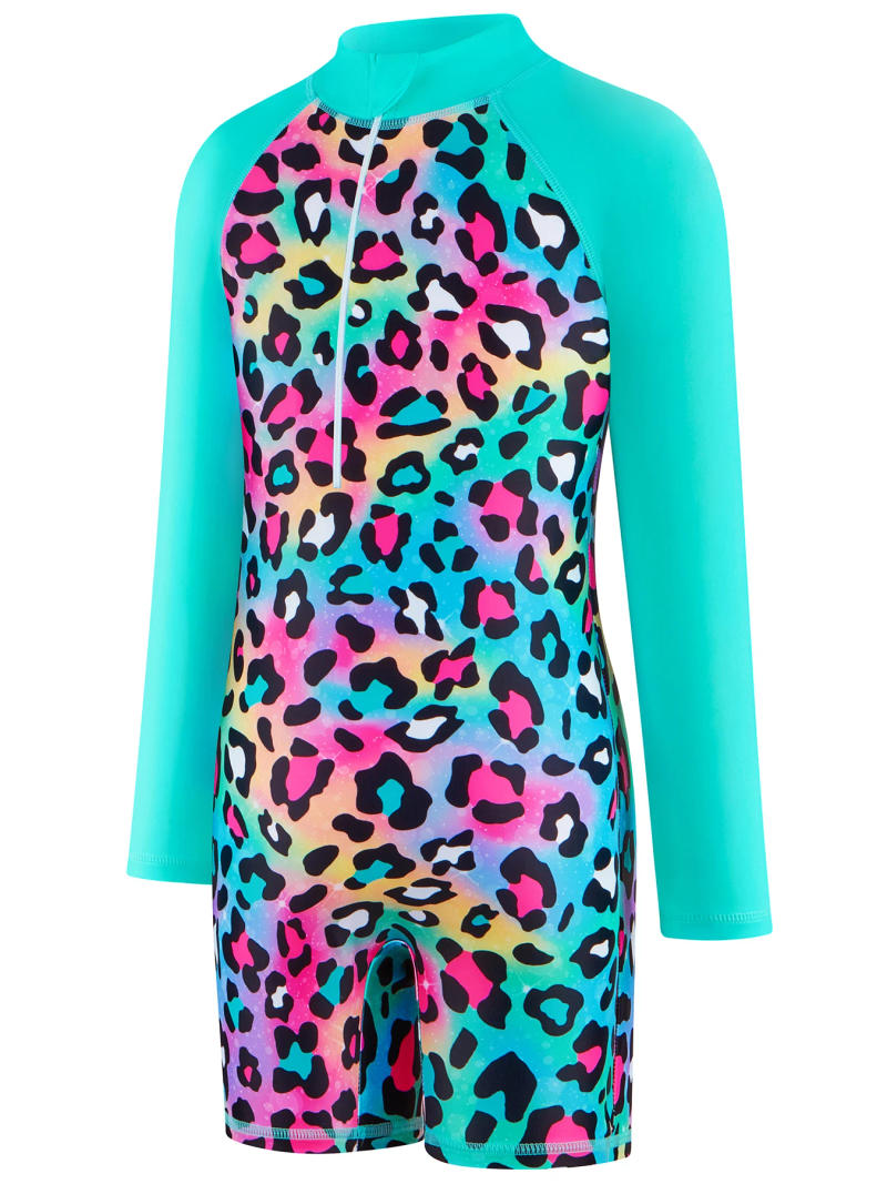 Description Picture 4 of itemBoyleg Shorts Girls Swimsuit, One-Piece Long Sleeve Leopard Pattern Print Swimwear, Beach Style, Kids Swim Rash Guard, Summer