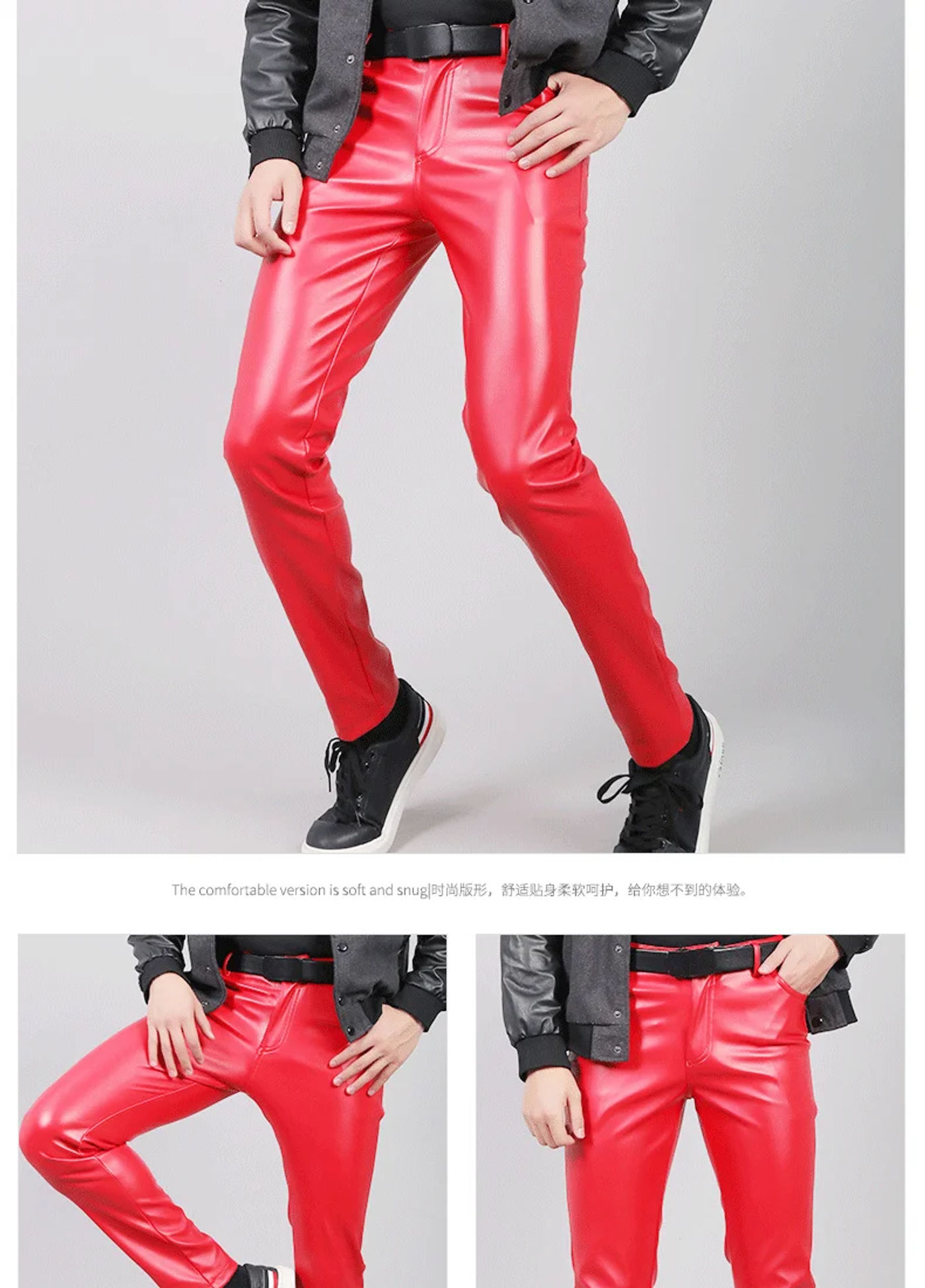Description Picture 5 of item6 Solid Color Men Leather Pants 2020 High Quality Stretch Slim Waterproof  Zipper Skinny Nightclub Faux Leather Pants Men