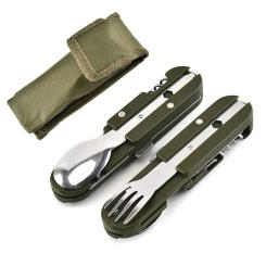 Stainless Steel Travel Kit Portable  Green Folding Camping Picnic Cutlery Knife Fork Spoon Bottle Opener Flatware Tableware