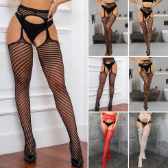 Fashion Women Pantyhose Fishnet Socks Stockings With Garter Belt Thigh-High Suspender Black Sexy Hosiery Black Pantyhose