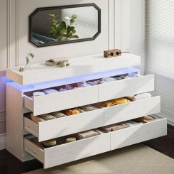 59" 6 Drawers Dresser for Bedroom, with LED & Power Strip, Large Wood Dressers & Chest of Drawers, Wide Storage Cabinet, White