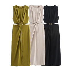 Elegant Strap Vest Dress Women Summer Hollowed Out Waist Fashion Temperament Open Design Buckle Decoration Sleeveless Long Dress