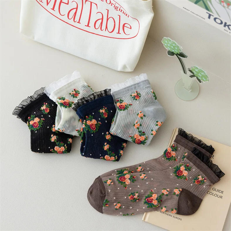 Description Picture 6 of itemLolita Lace Ruffle Socks Floral Embroidery Harajuku Vintage Short Socks Women Summer Ultra-thin Transparent Crystal Silk Socks